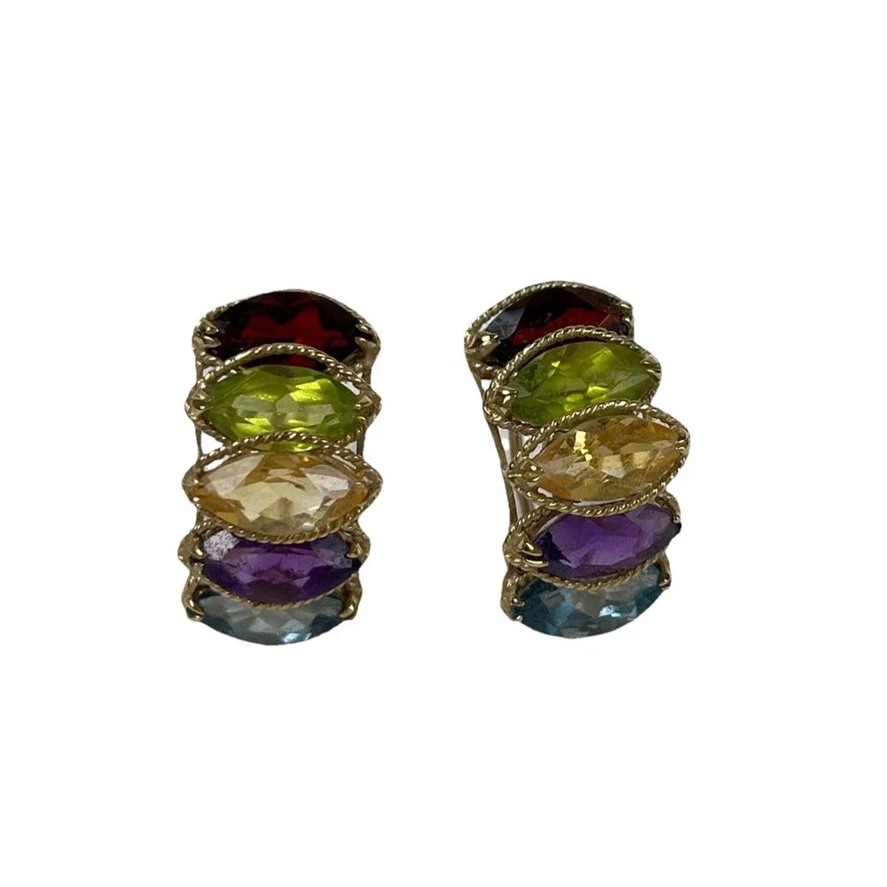 PTJ 14k YELLOW GOLD GARNET, PERIDOT, BLUE TOPAZ, AMETHYST & TOPAZ HOOP EARRINGS